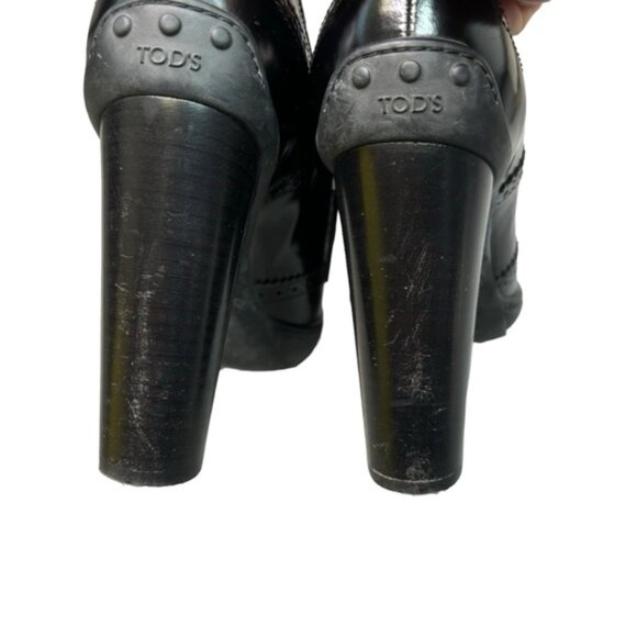 TOD'S Women's Black Leather Derby Style Pump Heels Size 38.5 Lace Up - Picture 5 of 10